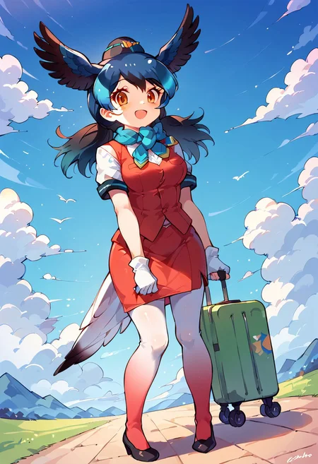 1girl, ((solo)), best quality, ultra-detailed, extremely detailed, perfect anatomy, masterpiece, score_9, score_8_up, score_7_up, Expressiveh, passenger pigeon (kemono friends), multicolored hair, blue hair, black hair, head wings, bird tail, bangs, orange eyes, long hair, twintails, red vest, white shirt, short sleeves, white gloves, red skirt, gradient skirt, hat, garrison cap, gradient legwear, pantyhose, scarf, pencil skirt, blue bowtie, black heels, standing, smiling, happy, staring at viewer, blue skies background, clouds, open mouth smile, dutch angle, closeup, rolling suitcase,