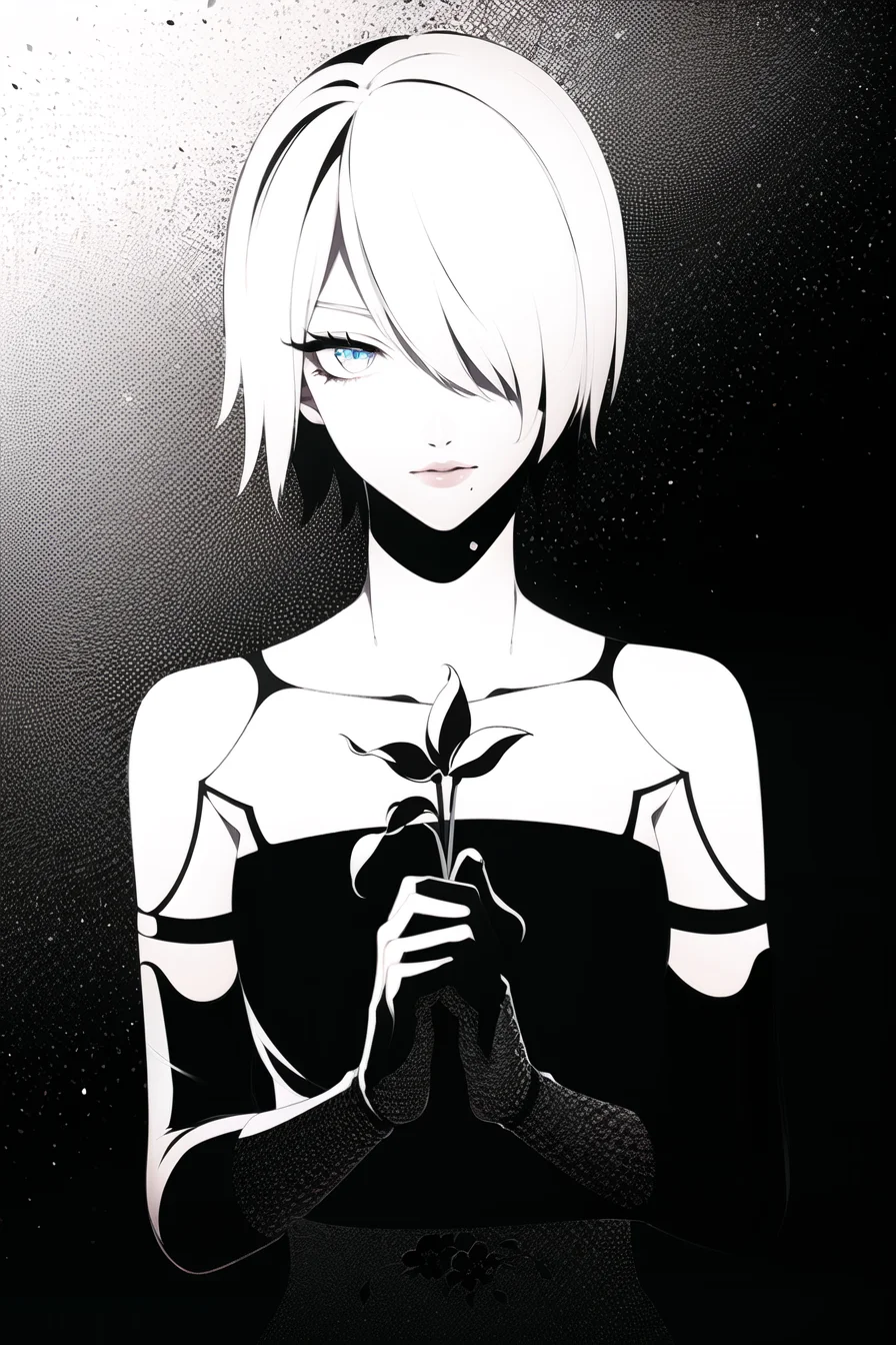 yorha type a no. 2,
close up, upper body, female focus,
1girl, android, bangs, bare shoulders, black background, black dress, black gloves, blue eyes, breasts, closed mouth, collarbone, dress, flat color, flower, gloves, hair over one eye, holding, holding flower, joints, lily \(flower\), looking at viewer, medium breasts, mole, mole under mouth, own hands clasped, own hands together, petals, robot joints, short hair, simple background, solo, strapless, strapless dress, swept bangs, white flower, white hair
<lora:yorha_type_a_noDOT_2:0.7>
