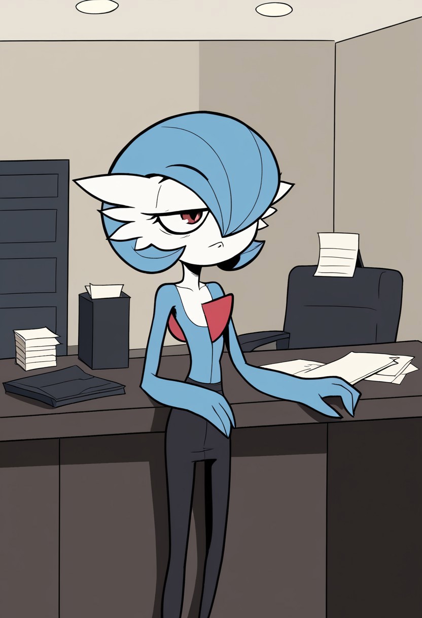 Feralmills style, solo, anthro, gardevoir, office, indoors
