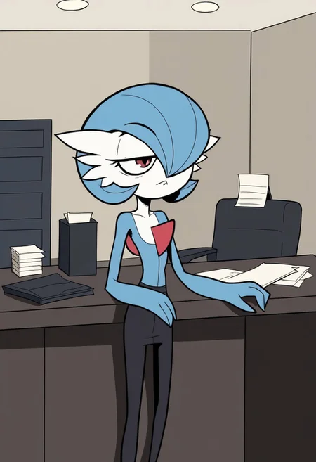 Feralmills style, solo, anthro, gardevoir, office, indoors