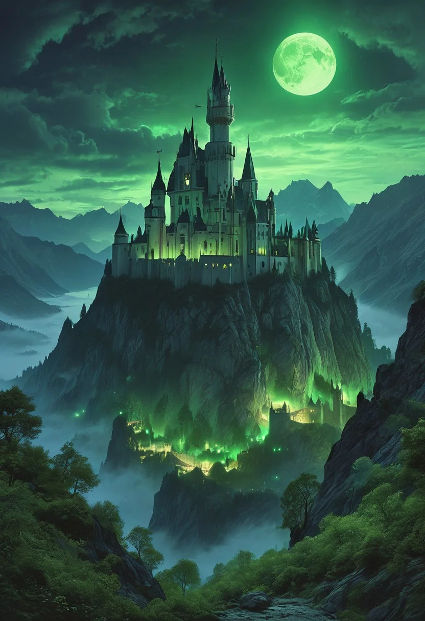 A captivating night scene illustration featuring a forboding and haunted castle on a great great mountain. The castle and mountain are much like Neuschwanstein Castle in Bavaria. This enchanting artwork captures a dark and ominous night, where an ominous green moon hangs above and over the tree covered mountain and range and castle which stands resolute amidst the great mountains, the moon bathes the are in a sickly green light, The lights from the castle cast an ominous green light and glow, creating a cinematic experience., illustration, cinematic
<lora:DonM3t3rn1tyXL-v1.1:0.7>, DonM3t3rn1tyXL,
OverallDetailXL <lora:MJ52:0.3> <lora:SDXLFaeTastic2400:0.4> <lora:EpicF4nta5yXL:0.7>