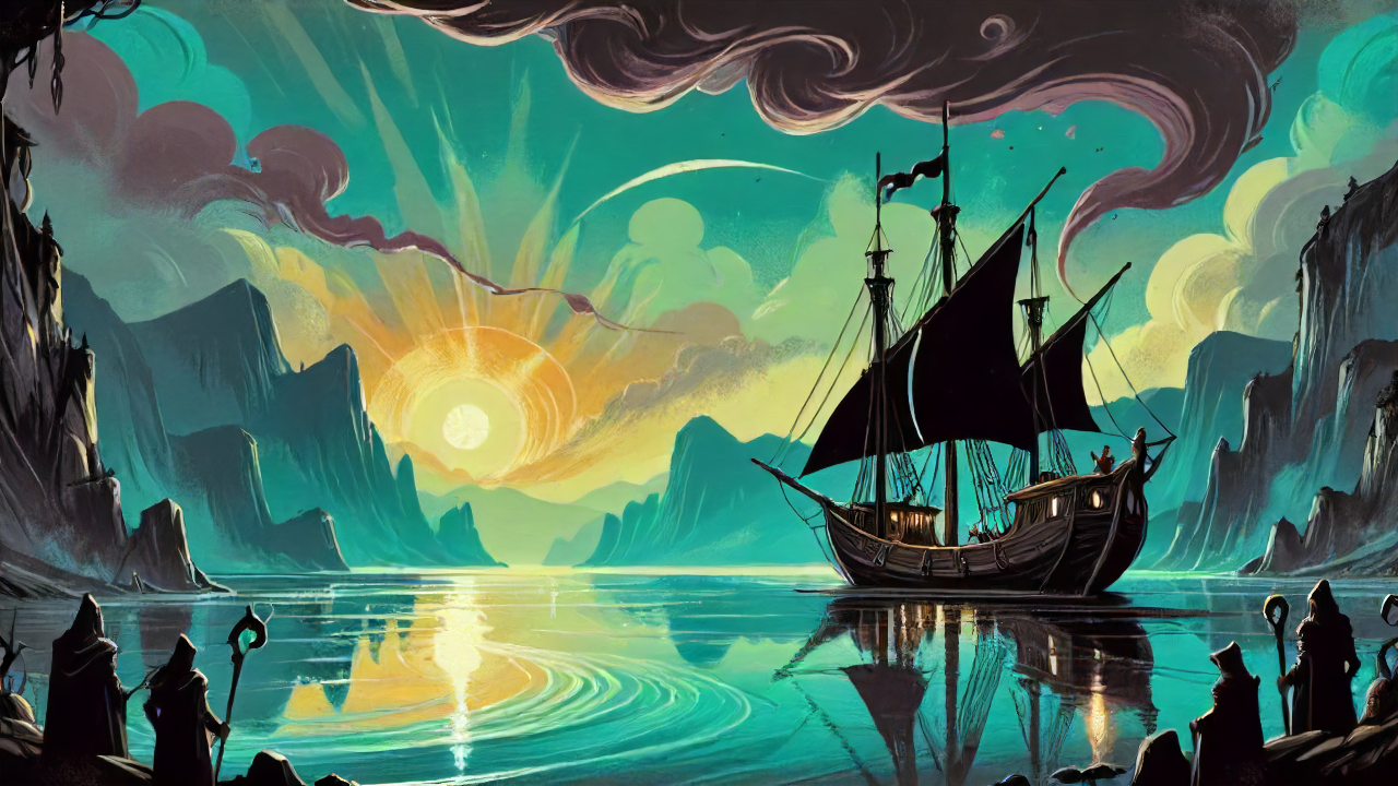 lovecraftian fantasy, D&D, keelboat, Depressing wide river, <lora:DonMD4rkT00nXL:1> DonMD4rkT00nXL, <lora:EnvyPanoramaXL01:1>, warm light, contemporary fine detail, professional creative, theatrical, fertile, epic composition, epic atmosphere, beautiful, winning, unique, pure, intricate artistic color