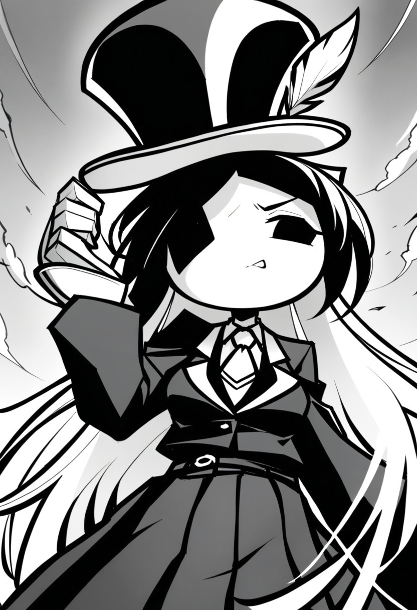 masterpiece, best quality, LITERALHAT'S MONOCHROME ART, 1girl,Black hair, Black eyes, Cartoon, Tophat, Black skirt, Black jacket, Monochrome, Black, White, Feather