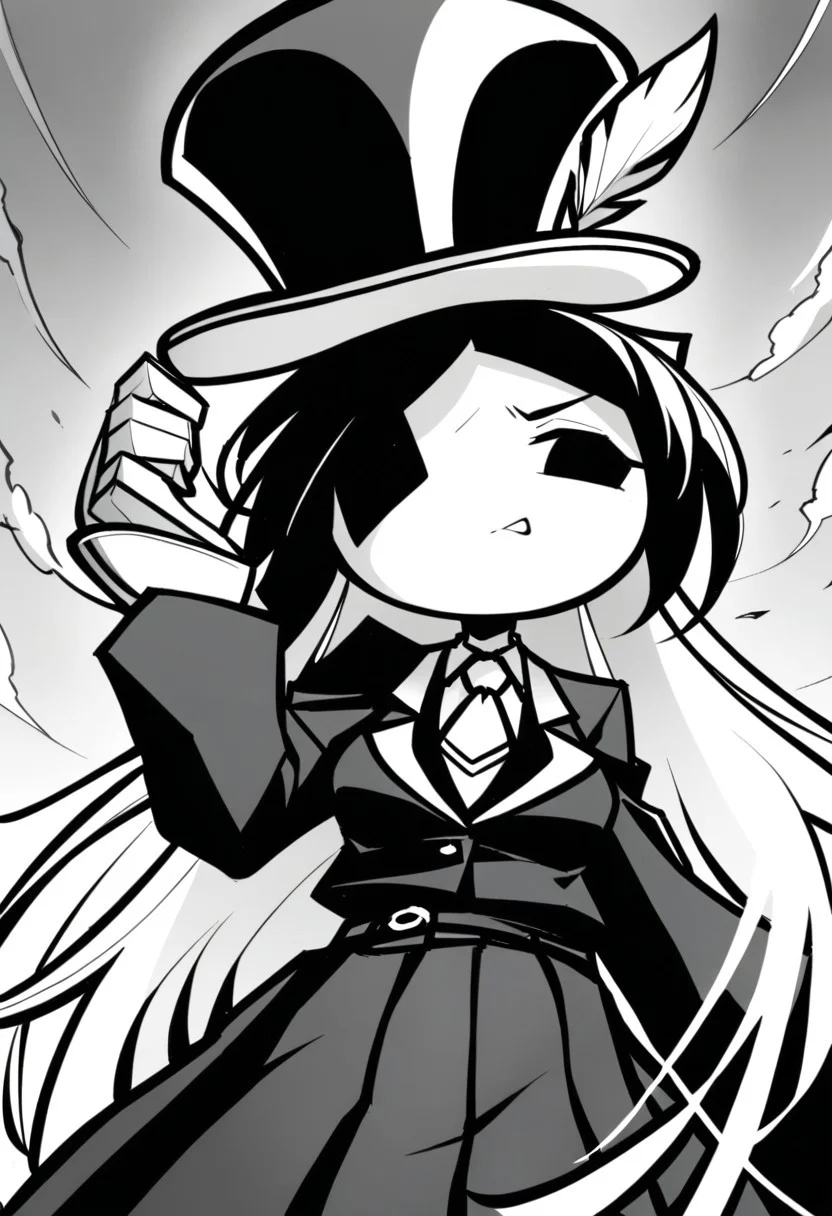 masterpiece, best quality, LITERALHAT'S MONOCHROME ART, 1girl,Black hair, Black eyes, Cartoon, Tophat, Black skirt, Black jacket, Monochrome, Black, White, Feather