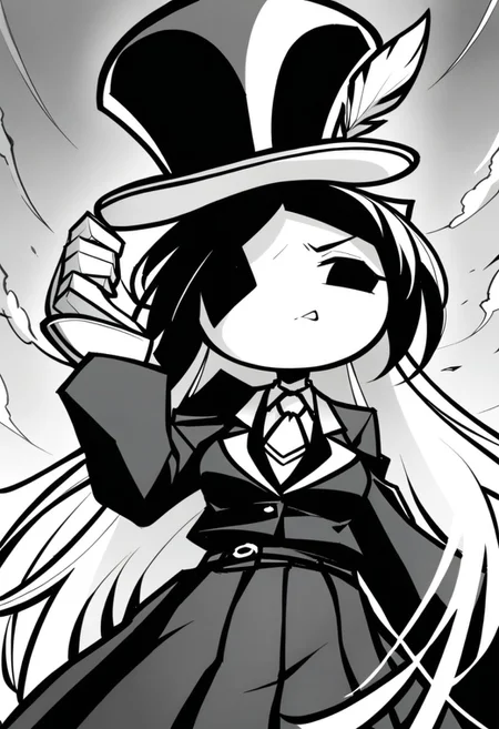 masterpiece, best quality, LITERALHAT'S MONOCHROME ART, 1girl,Black hair, Black eyes, Cartoon, Tophat, Black skirt, Black jacket, Monochrome, Black, White, Feather