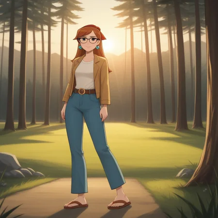 score_9, score_8, BREAK, bandana, auburn hair, glasses, freckles, lips, peace symbol earrings, yellow long sleeves, brown mini-jacket, long jeans, flip flops, total drama, miles_(\total_drama\), belt, black eyes, sexy pose, smile, outdoors, sunlight, shadows, evening lighting, natural lighting, forest, trees, grass, orange sky, sunset