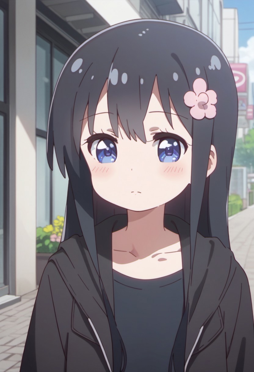 score_9, score_8_up, score_7_up, source_anime, shirosaki hana, long hair, black hair, blue eyes, 1girl, solo, hair flower, flower, pink flower, hair ornament, shirt, hood, hood down, outdoors, black shirt, collarbone, jacket, blush