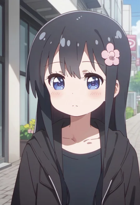 score_9, score_8_up, score_7_up, source_anime, shirosaki hana, long hair, black hair, blue eyes, 1girl, solo, hair flower, flower, pink flower, hair ornament, shirt, hood, hood down, outdoors, black shirt, collarbone, jacket, blush