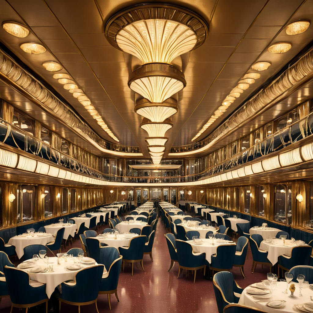 ArsMJStyle, Art Deco, <lora:add-detail-xl:1.2>,   <lora:Art_Deco:1>, The luxurious interior of the SS Normandie ocean liner, showcasing its famous first-class dining salon with towering gilded pillars, Lalique glass light fixtures, and wealthy passengers in evening wear enjoying a sumptuous meal.