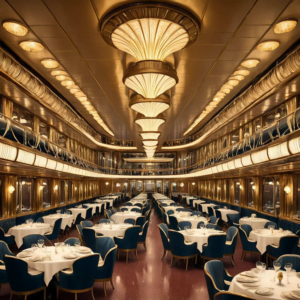 ArsMJStyle, Art Deco, <lora:add-detail-xl:1.2>, <lora:Art_Deco:1>, The luxurious interior of the SS Normandie ocean liner, showcasing its famous first-class dining salon with towering gilded pillars, Lalique glass light fixtures, and wealthy passengers in evening wear enjoying a sumptuous meal.