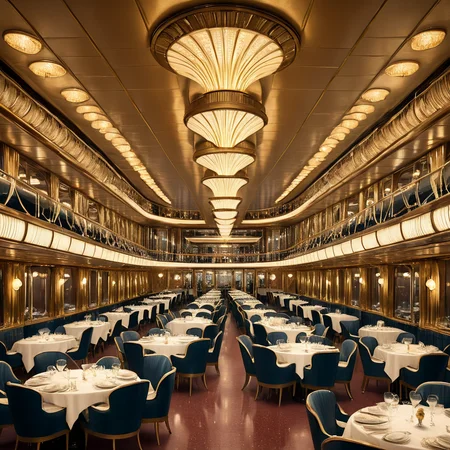 ArsMJStyle, Art Deco, <lora:add-detail-xl:1.2>, <lora:Art_Deco:1>, The luxurious interior of the SS Normandie ocean liner, showcasing its famous first-class dining salon with towering gilded pillars, Lalique glass light fixtures, and wealthy passengers in evening wear enjoying a sumptuous meal.