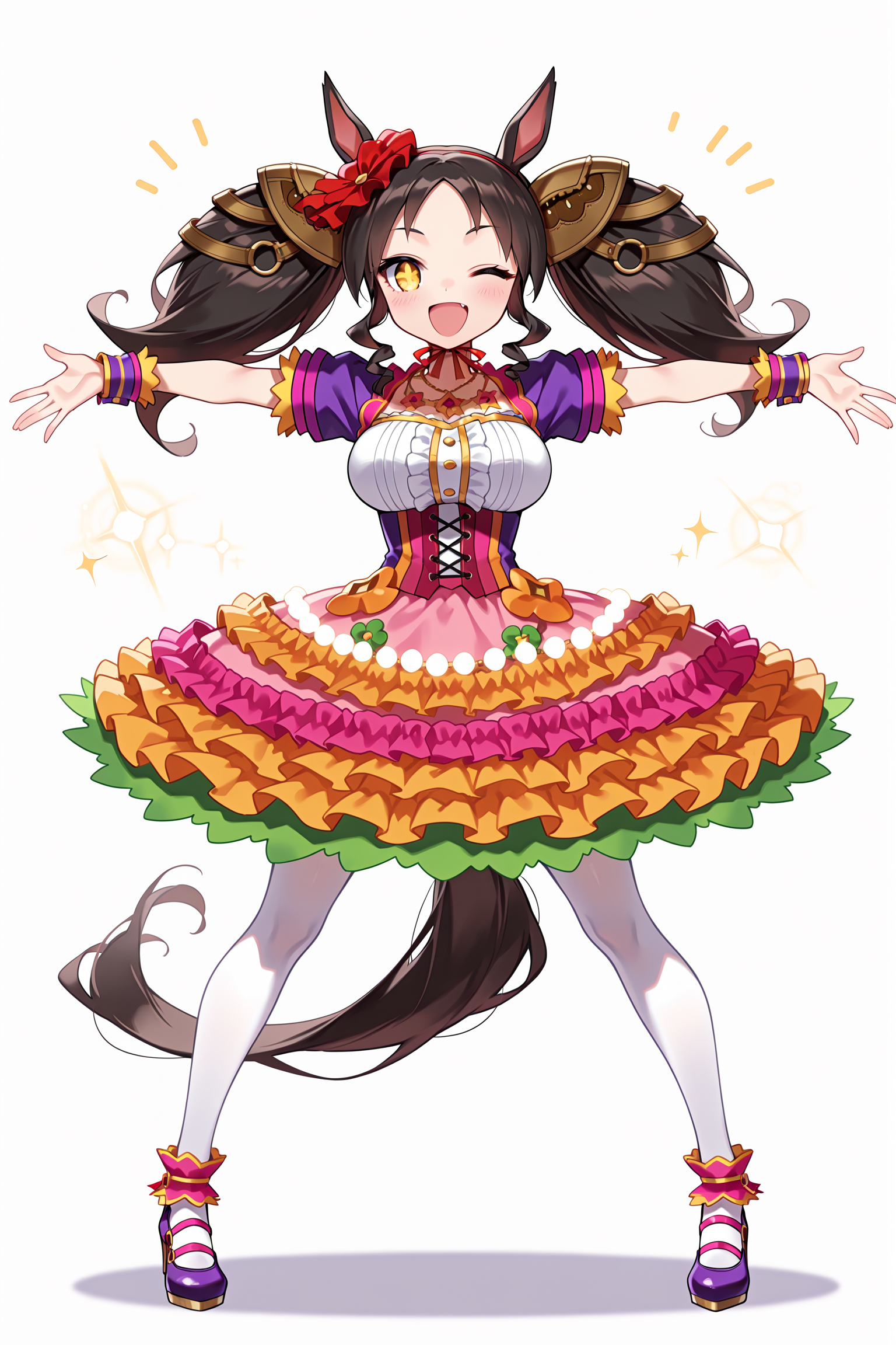 1girl, solo, marvelous sunday \(umamusume\), horse girl, horse tail, 
hair flower, hair ornament, red hairband, necklace, jewelry, puffy short sleeves, white shirt, center frills, underbust, wrist cuffs, multicolored dress, pink dress, layered skirt, frilled dress, frills, white pantyhose, purple footwear, high heels, 
smile, open mouth, ;d, 
standing, legs apart, outstretched arms, 
white background, 
full body, straight-on, looking at viewer, <lora:marveloussundayillv1:0.9>,, masterpiece, best quality, amazing quality, very aesthetic, absurdres, highres, newest,<lora:xl_saturation_slider:0.1> <lora:add-detail-xl:1> <lora:illustriousXLv01_stabilizer_v1.121:0.4> <lora:reduce_wrinkles_illstriouosv0.1_ADDifT_2_in_1_v1.2:0.9>