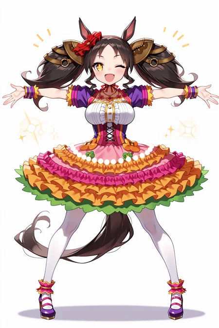 1girl, solo, marvelous sunday \(umamusume\), horse girl, horse tail,
hair flower, hair ornament, red hairband, necklace, jewelry, puffy short sleeves, white shirt, center frills, underbust, wrist cuffs, multicolored dress, pink dress, layered skirt, frilled dress, frills, white pantyhose, purple footwear, high heels,
smile, open mouth, ;d,
standing, legs apart, outstretched arms,
white background,
full body, straight-on, looking at viewer, <lora:marveloussundayillv1:0.9>,, masterpiece, best quality, amazing quality, very aesthetic, absurdres, highres, newest,<lora:xl_saturation_slider:0.1> <lora:add-detail-xl:1> <lora:illustriousXLv01_stabilizer_v1.121:0.4> <lora:reduce_wrinkles_illstriouosv0.1_ADDifT_2_in_1_v1.2:0.9>