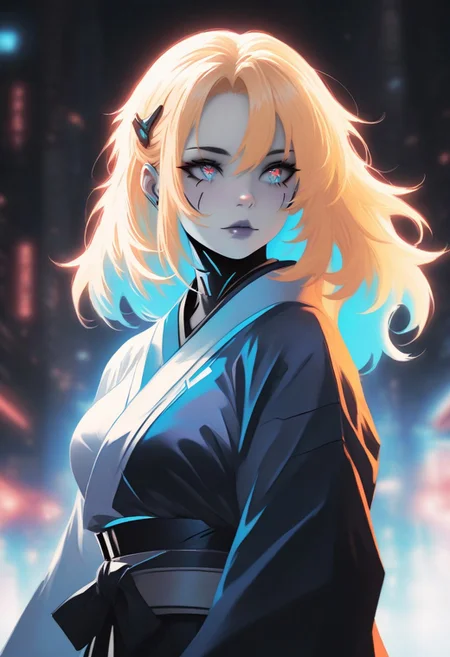 1girl, blonde hair, kimono, CatGirlNeonStyle, pale skin, CatGirlStyle, Smooth Quality, dual tone coloring, adult, cybernetic enhancements
