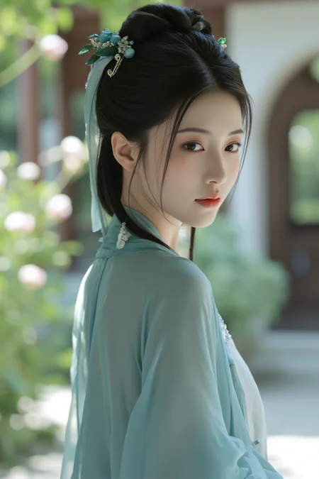 <lora:ã麦æ©éè¡£ãMajicflus:0.8>, qingyi, A close-up portrait of a young Chinese woman with delicate features wearing a cyan-colored translucent hanfu. Her hair is styled in a traditional updo adorned with jade hairpins and flowing silk ribbons. She is gracefully looking over her shoulder while standing in a classical Chinese courtyard garden with blooming peonies and a moon gate in the background. The fabric's transparency creates subtle light effects around her shoulders.âââ