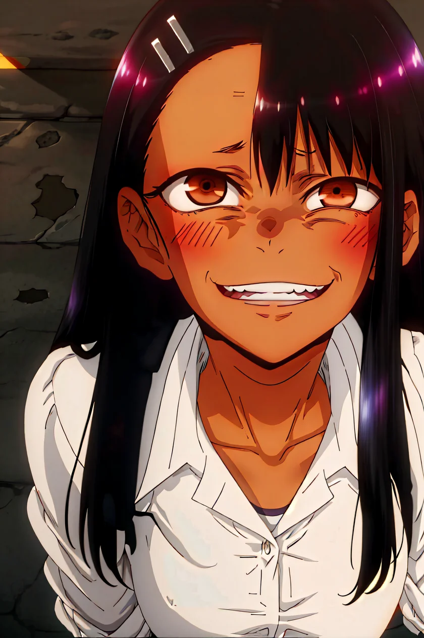 uneven eyes:1.2, wide-eyed,<lora:uneven eyes:1.1> 1girl, <lora:Char - Nagatoro hayaseV2:0.3> nagatoro hayase, dark-skinned female, black hair, brown eyes,