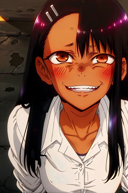 uneven eyes:1.2, wide-eyed,<lora:uneven eyes:1.1> 1girl, <lora:Char - Nagatoro hayaseV2:0.3> nagatoro hayase, dark-skinned female, black hair, brown eyes,
