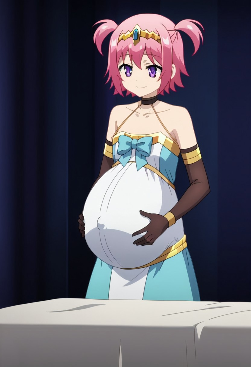best quality, masterpiece, 4k, perfect lighting, very aesthetic, anime, anime coloring, official art, anime screencap, bedroom, happy, smile, hands on belly,
fFaceDetail, EyeDetail,
(large pregnant belly:1.5)
<lora:MasterofRagnarok:1>, linnea, purple eyes, pink hair, short hair, two side up, choker, black gloves, elbow gloves, bow, (dress:1.5), flat chest
(covered belly:1.5), (pregnancy clothes:1.5)