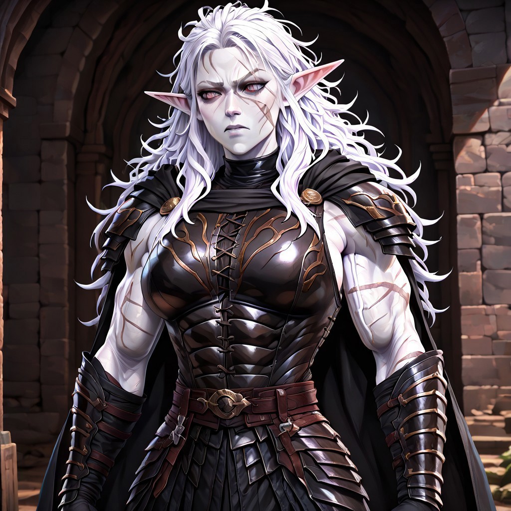 masterpiece, best quality, newest, absurdres, highres,  P3DV1.0, 1girl, pale, white skin, colored skin, pale skin, elf, pointy ears, muscular woman, armor, cape, leather armor, scar, scars on face, white hair, long hair, messy hair, black armor, black leather,