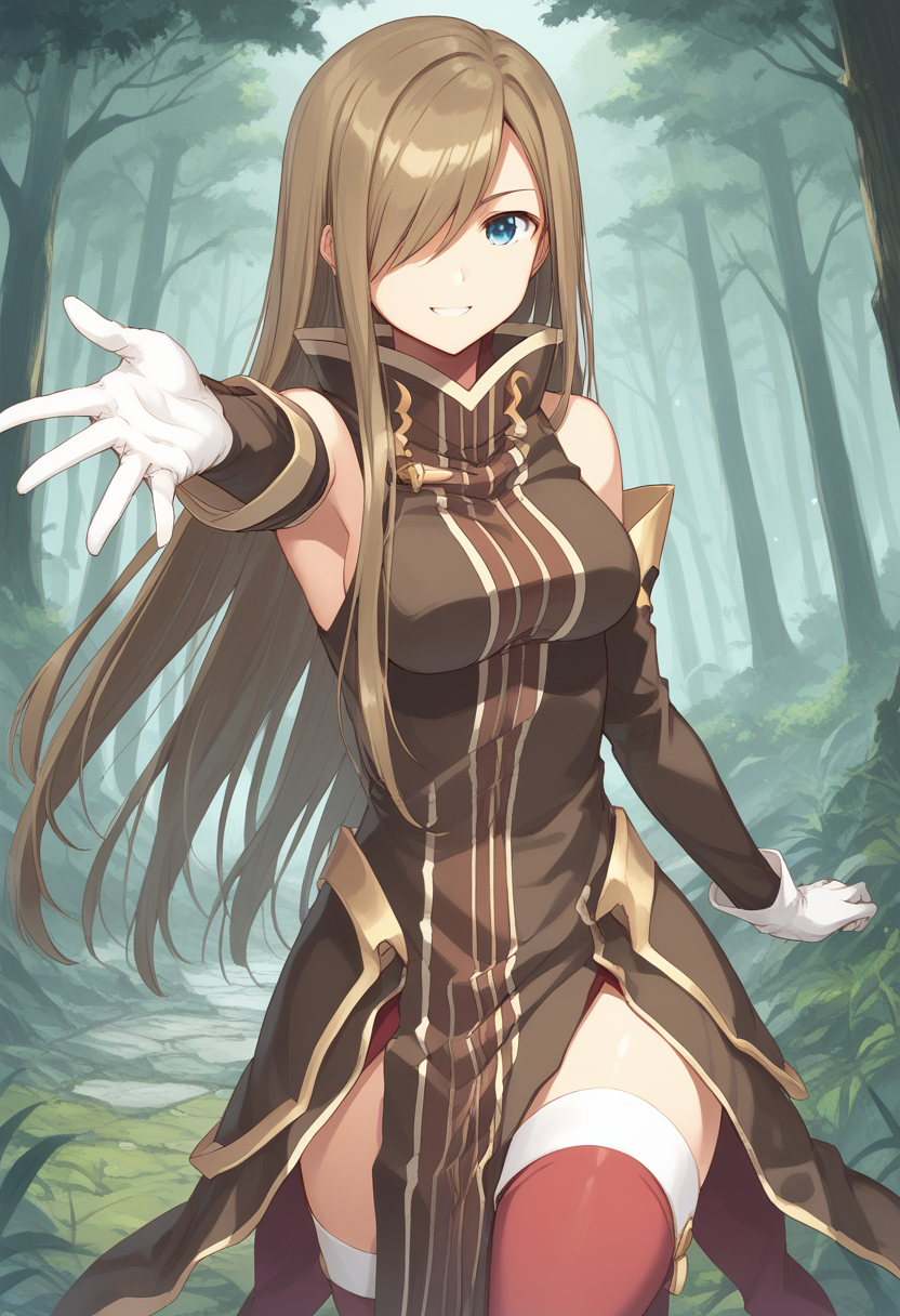 <lora:teargrants-000009>,teargrants,brown hair,hair over one eye,bare shoulders,thighhighs,bare thighs,gloves,
1girl BREAK
facing viewer,looking at viewer,cowboy shot,standing,outstretched arm,
forest,
light smile,
BREAK, score_9,score_8_up,score_7_up,source_anime,best quality,masterpiece,uncensored,detailed background,<lora:add-detail-xl:0.8>
