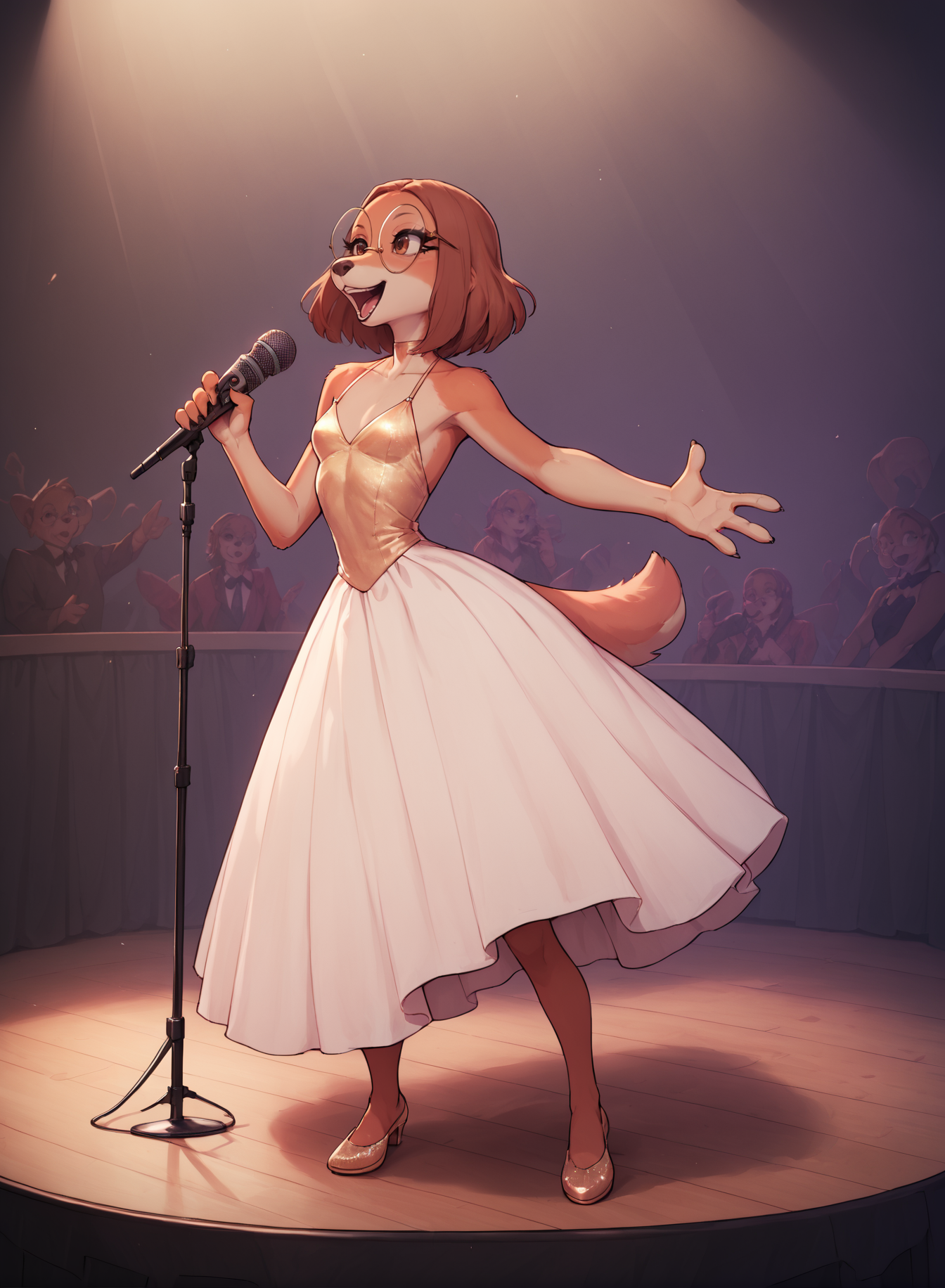 score_9, score_8_up, score_7_up, score_6_up, score_5_up, score_4_up, <lora:SukiLanePXL:1> SukiLanePXL, anthro, brown eyes, round glasses, small breast, evening dress, full body, on stage, singing, microphone, orchestra, opera