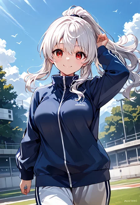 score_9, score_8_up, score_7_up, source_anime, rating safe, outdoor, back shot, 1girl, 18yo, tracksuits, running, one arm up, white hair, long hair, wavy hair, ponytail, red eyes, upturned eyes,  expressive eyes, curvy, shy smile, large breasts, perfect hand, detailed, day, 8k, masterpiece, by koumashiro,