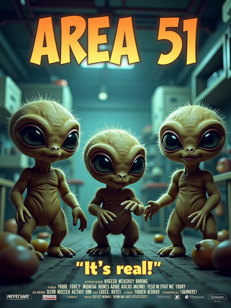 Title: "Area 51". Cute fluffy aliens in a science lab.

Subtext: "It's real!".

Show movie credits.

mvpstrCE style