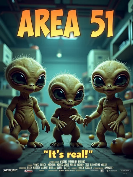 Title: "Area 51". Cute fluffy aliens in a science lab.
Subtext: "It's real!".
Show movie credits.
mvpstrCE style