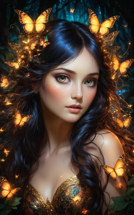 Hyperrealistic, surreal theme, stunning beauty, high detail, intricate textures, dark surrounding, low light, nighttime setting, realistic shadows, ethereal, flowing hair illuminated by glowing butterflies, vibrant colors, dreamlike atmosphere, captivating expression, magical forest background, fiery glow, enchanted lighting, expressive eyes reflecting the glowing light, soft, ethereal glow around the figure, delicate and detailed facial features, golden light, intricate patterns in the background