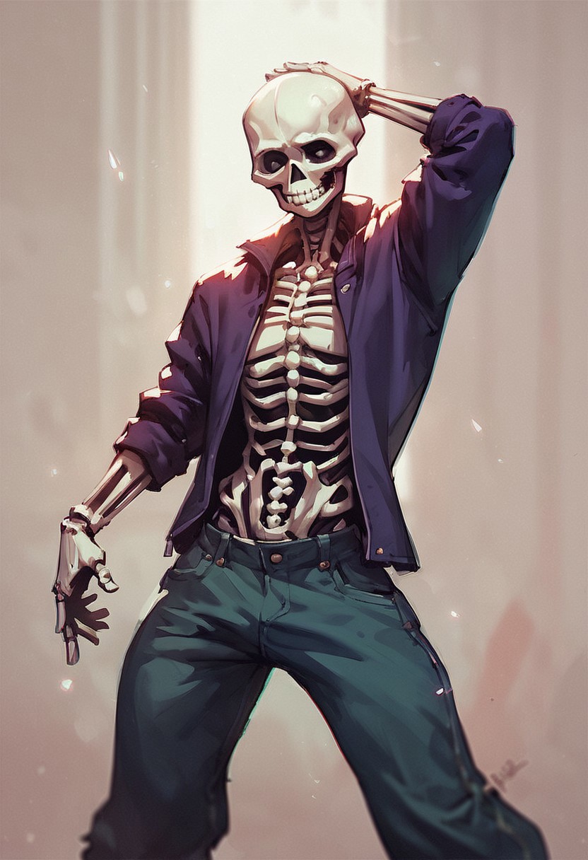 (score_9, score_8_up, score_7_up), score_6_up, front view, score_5_up, dancing skeleton, trouser, purple 