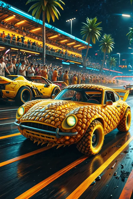 A high-energy digital artwork of a futuristic racing event, with sleek, high-speed vehicles on a neon-lit track, the crowd cheering, and the racers in dynamic poses, conveying the excitement and innovation of future sports. <lora:PineappleMorph-SDXL-V0.1:1.5> pineapple
hyperdetailed photography, masterpiece, best quality, high quality, highres, ultra-detailed, best quality, 8K, high resolution, extreme detail,
<lora:add-detail-xl:2> <lora:MJ52:0.5>