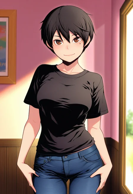 masterpiece, best quality, amazing quality, 1girl, solo, cowboy shot, fumikoww, tomboy, brown eyes, black hair, short hair, mole under eye, medium breasts, t-shirt, jeans, looking at viewer, smile, indoors, day, skindentation, detailed clothing folds, depth of field, sharp, high contrast, dynamic light <lora:Fujishiro_Fumiko_Killer_Queen_ill:0.9>