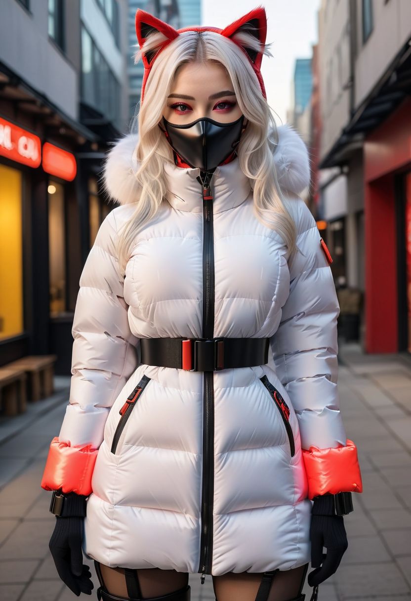 ((((padded down coat)))), ((((padded puffer coat)))), ((((padded winter clothes)))), ((((very cold)))), ((((puffer hood up)))), ((((full body)))), beautiful, masterpiece, 1girl, mature female, (((white long hair))), (((red eyes))), cat ears, large breasts, gloves, chest harness, (((half face mask))), army, Red digital camouflage, steam, cyberpunk, city, neon lights, pressure squeezing cuffs, pressure squeezing collar, (Thick padded cuffs:1.4), (Thick padded collar:1.4), <lora:Collar-SDXL:0.75>, <lora:Cuffs-SDXL:0.75>, <lora:fashion_lora:0.6>