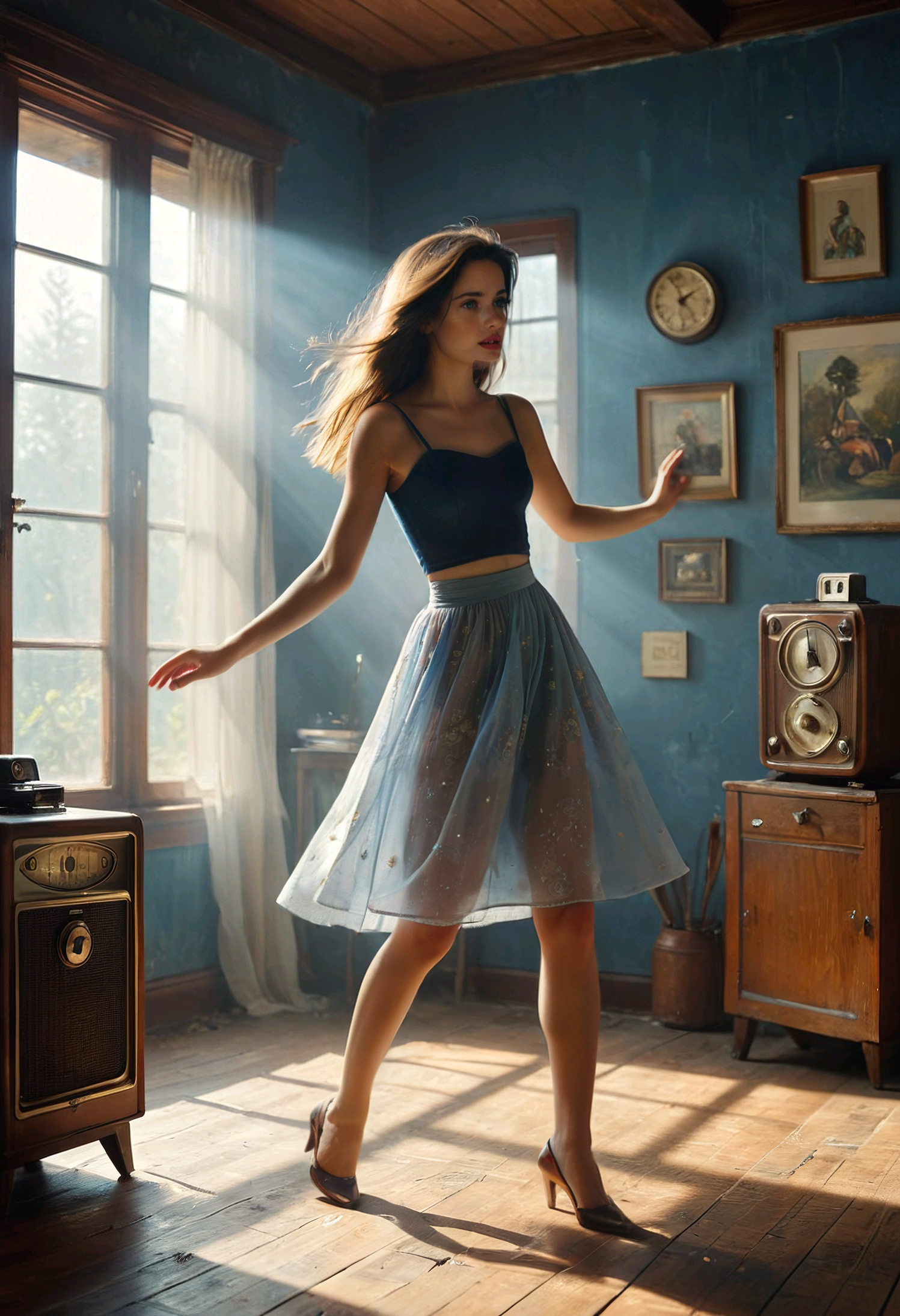 (Photorealism:1.6), cinematic film still, a woman in a dress is dancing in the living room with an antique radio in the background, Elizabeth Polunin, cinematic photography, a photorealistic painting, arabesque, Fujifilm Superia Venus 800 rendered in unreal engine, photorealistic <lora:add-detail-xl:1.2>