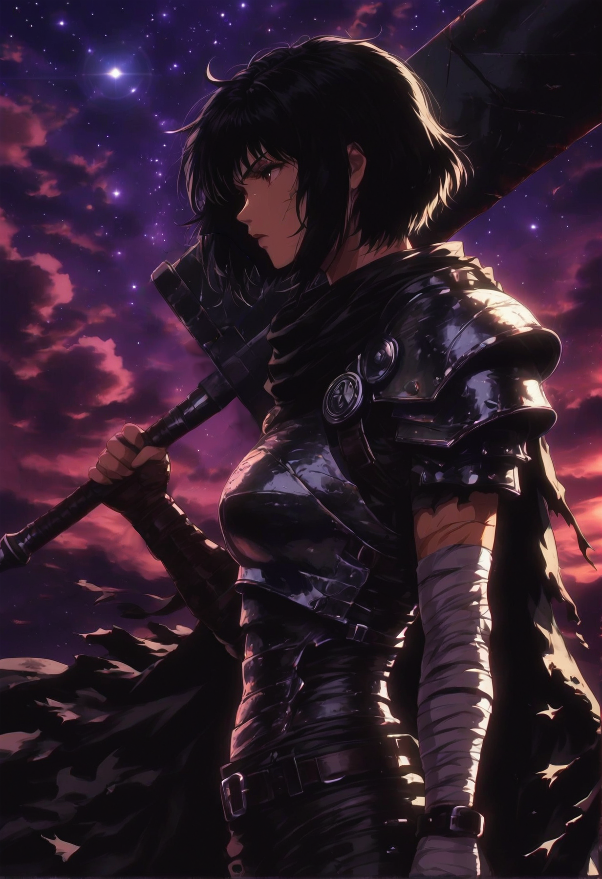 1girl, solo, from side, black hair, short hair with long locks, armor, sword over shoulder, (massive sword), pauldrons, bandages, torn cape, looking away, cowboy shot, weapon, weapon over shoulder, scar, belt, shoulder belt, belt across shoulder, holding, arm up, black sky, stars, cloud, (twilight:0.3)