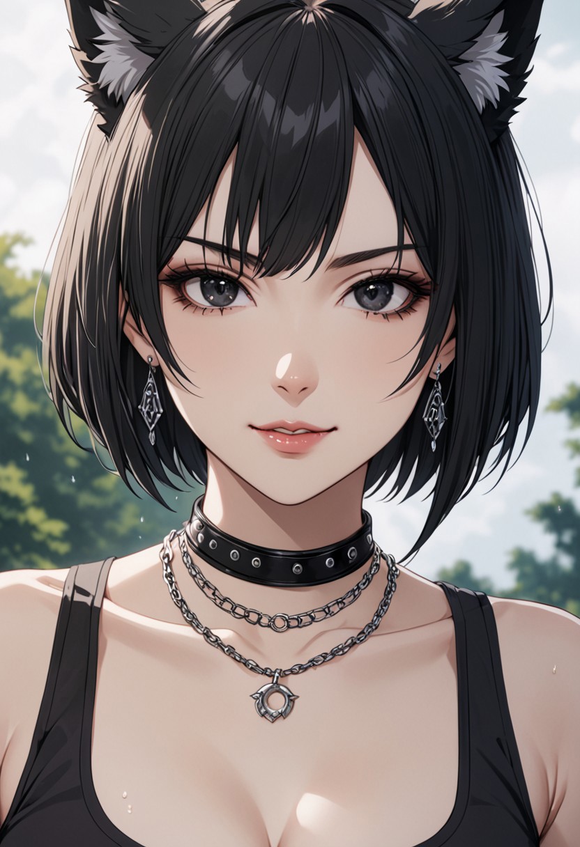 gorgeous lips, cinematic, (masterpiece), (best quality), (ultra-detailed), very aesthetic, perfect composition, intricate details, absurdres, detailed face, (anime, masterpiece, intricate:1.3), (best quality, hires textures, high detail:1.2), (4k),(incredibly detailed:1.4) 
 graceful face, slim, big breasts, constricted waist, nice body, lips, arrogant look, villain, 1woman, evilish smile, high pointed nose, (nostrils:1.3), neatly, 22-year-old woman, gray shirt soaked, pale skin, black eyes, bob hair, black hair, evil look,
fang, forelock, black tank top, cleavage, black pants, belt, belly, navel, facing viewer, upper body, outdoors , necklace, earrings, collar, werewolf,  ear fur