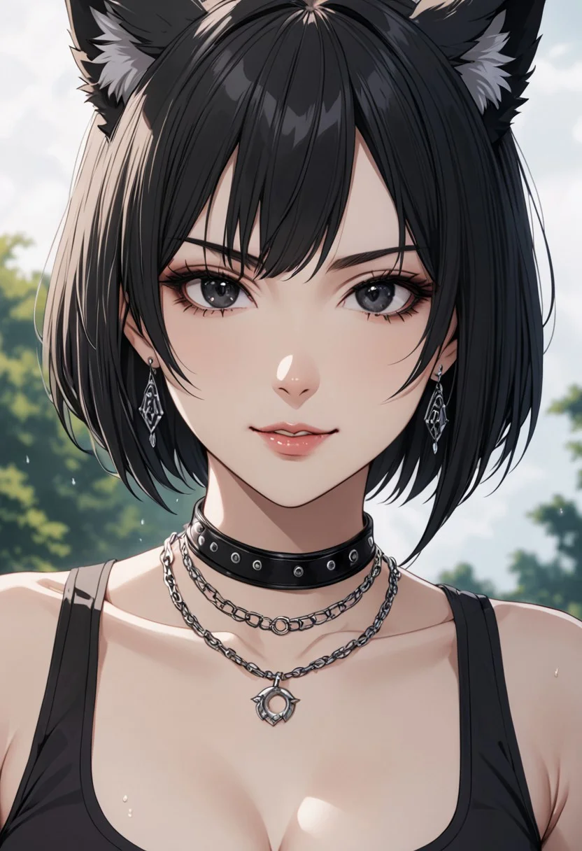 gorgeous lips, cinematic, (masterpiece), (best quality), (ultra-detailed), very aesthetic, perfect composition, intricate details, absurdres, detailed face, (anime, masterpiece, intricate:1.3), (best quality, hires textures, high detail:1.2), (4k),(incredibly detailed:1.4) 
 graceful face, slim, big breasts, constricted waist, nice body, lips, arrogant look, villain, 1woman, evilish smile, high pointed nose, (nostrils:1.3), neatly, 22-year-old woman, gray shirt soaked, pale skin, black eyes, bob hair, black hair, evil look,
fang, forelock, black tank top, cleavage, black pants, belt, belly, navel, facing viewer, upper body, outdoors , necklace, earrings, collar, werewolf,  ear fur