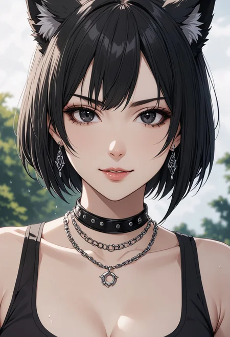 gorgeous lips, cinematic, (masterpiece), (best quality), (ultra-detailed), very aesthetic, perfect composition, intricate details, absurdres, detailed face, (anime, masterpiece, intricate:1.3), (best quality, hires textures, high detail:1.2), (4k),(incredibly detailed:1.4)
graceful face, slim, big breasts, constricted waist, nice body, lips, arrogant look, villain, 1woman, evilish smile, high pointed nose, (nostrils:1.3), neatly, 22-year-old woman, gray shirt soaked, pale skin, black eyes, bob hair, black hair, evil look,
fang, forelock, black tank top, cleavage, black pants, belt, belly, navel, facing viewer, upper body, outdoors , necklace, earrings, collar, werewolf, ear fur
