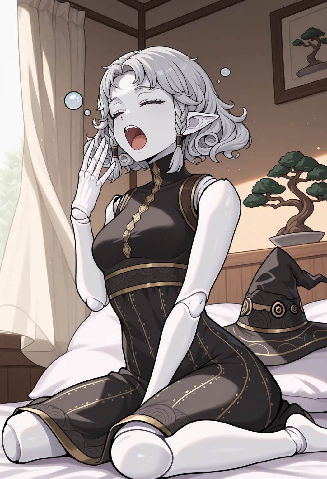 masterpiece, best quality, 1girl, solo, wariza, yawning, sleep bubble, upper teeth only, <lora:AgratSMT-illu:1> agrat, grey hair, short hair, curly hair, twin braids, witch hat, unworn headwear, grey skin, closed eyes, pointy ears, black dress, sleeveless turtleneck, clothing cutout, doll joints, bare arms, barefoot, on bed, curtains, pillow, dappled sunlight, bonsai