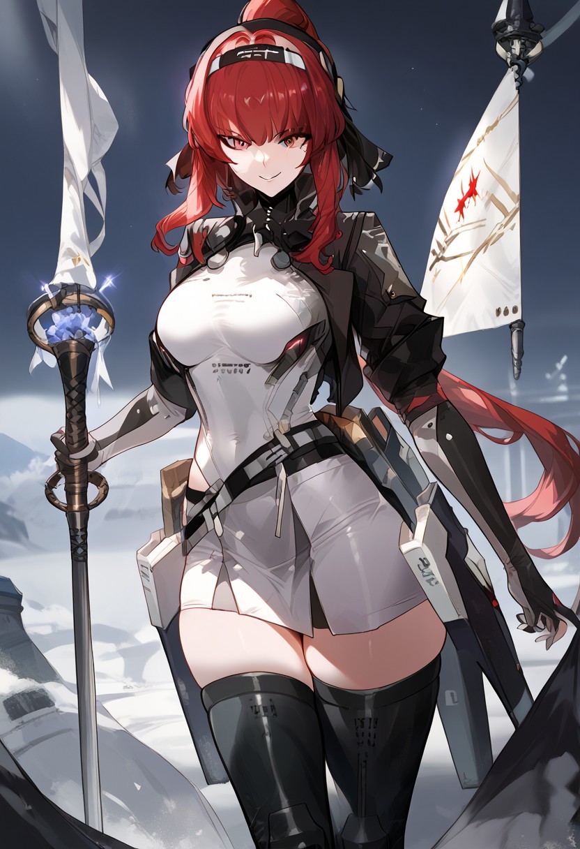 zPDXL3, score_9_up, score_8_up, score_7_up, (Anime_source), 1girl, Garnet, red eyes, red hair, long hair, Mole under eye, Garnet clothes, headgear, headband, mech waist wings, thigh boots, looking at viewer, cowboy shot, holding, Garnet pole banner, evil smile,large breasts