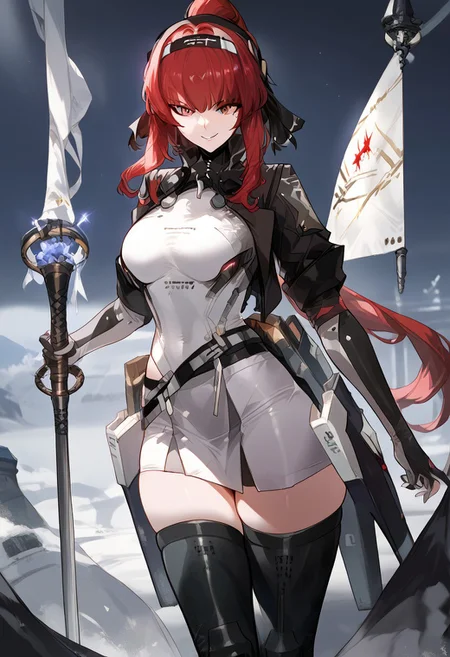 zPDXL3, score_9_up, score_8_up, score_7_up, (Anime_source), 1girl, Garnet, red eyes, red hair, long hair, Mole under eye, Garnet clothes, headgear, headband, mech waist wings, thigh boots, looking at viewer, cowboy shot, holding, Garnet pole banner, evil smile,large breasts