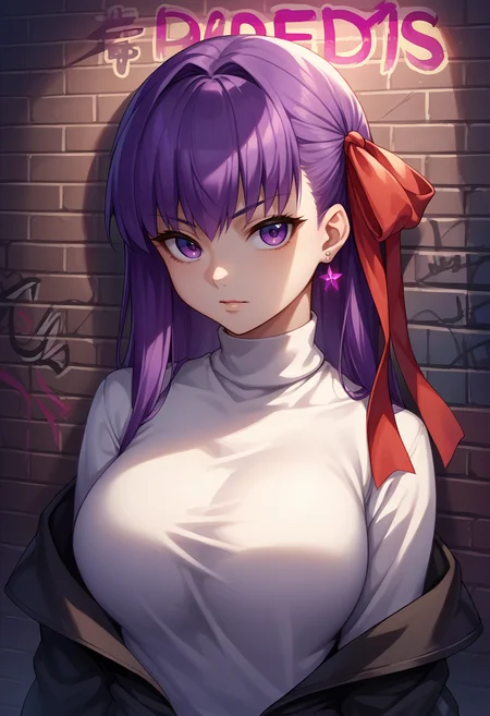 score_9, score_8_up, source_anime, 1girl, solo, BBFate, purple eyes, long hair, purple hair, hair ribbon, red ribbon, earrings, sharp eyes, choker, neon shirt, open jacket, turtleneck sweater, night, against wall, brick wall, graffiti, dim lighting, alley, looking at viewer, <lora:CHAR-BBFatePonyXL:1>