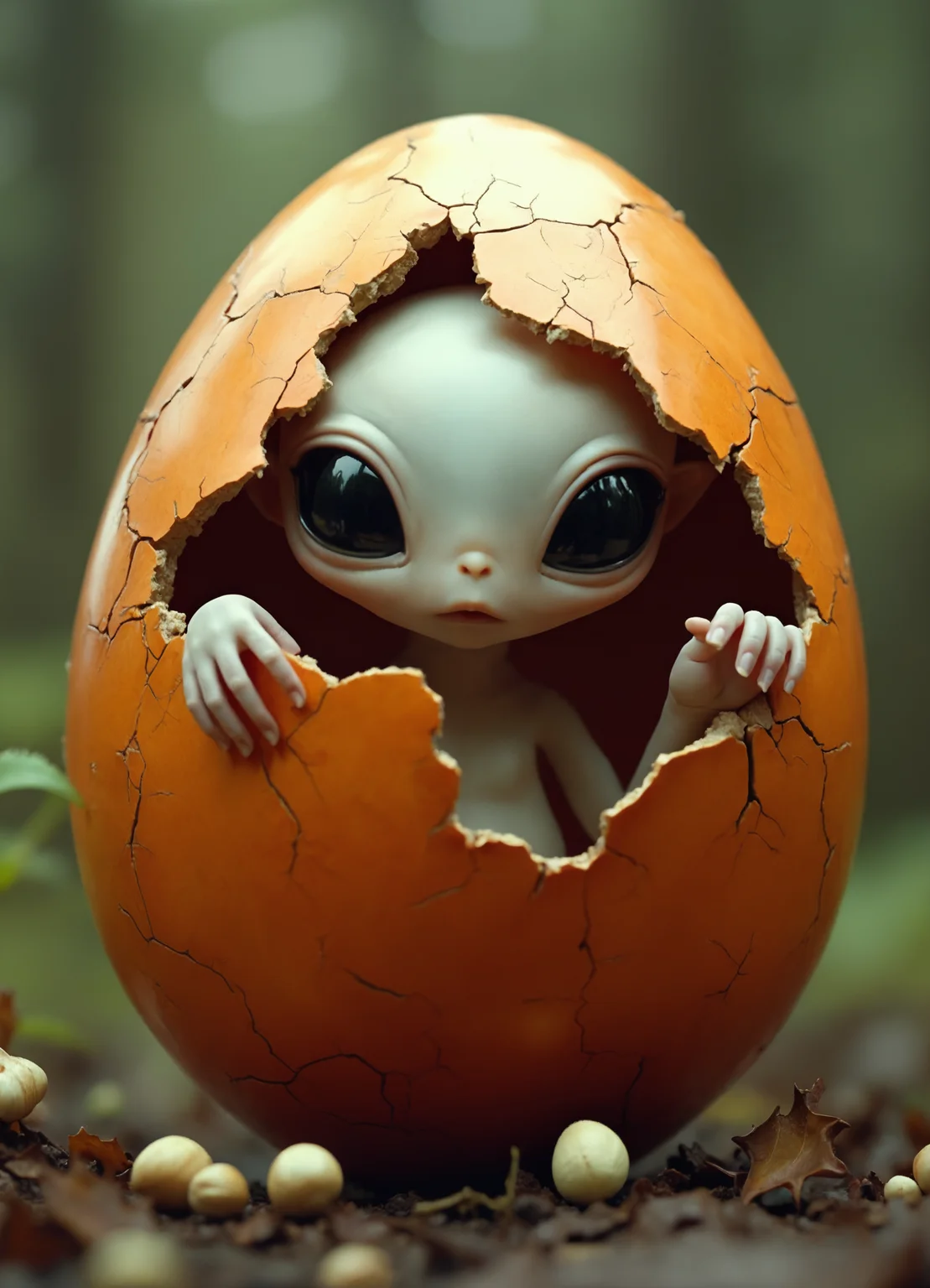 Hyperrealistic close-up photograph of an otherworldly being emerging from a large, cracking orange egg. The creature has an oversized, oval-shaped head with enormous, glossy black eyes that dominate its face. Its skin is pale and smooth, with a slightly translucent quality. A tiny, barely visible nose sits between the eyes, and no visible mouth.
The egg shell, captured in vivid detail, shows a rough, matte texture with intricate cracks spreading across its surface. The creature's delicate, human-like hands grip the edges of the broken shell, conveying a sense of cautious exploration.
The background is slightly out of focus, featuring soft, muted tones of green and brown, suggesting a natural, possibly forest-like setting. Small, round white flowers or seed pods are visible, adding depth to the scene.
Lighting is soft and diffused, creating subtle shadows that accentuate the textures of the egg shell and the being's skin. The image captures minute details with exceptional clarity: the fine lines in the creature's hands, the jagged edges of the cracked egg, and the reflections in its eyes.
