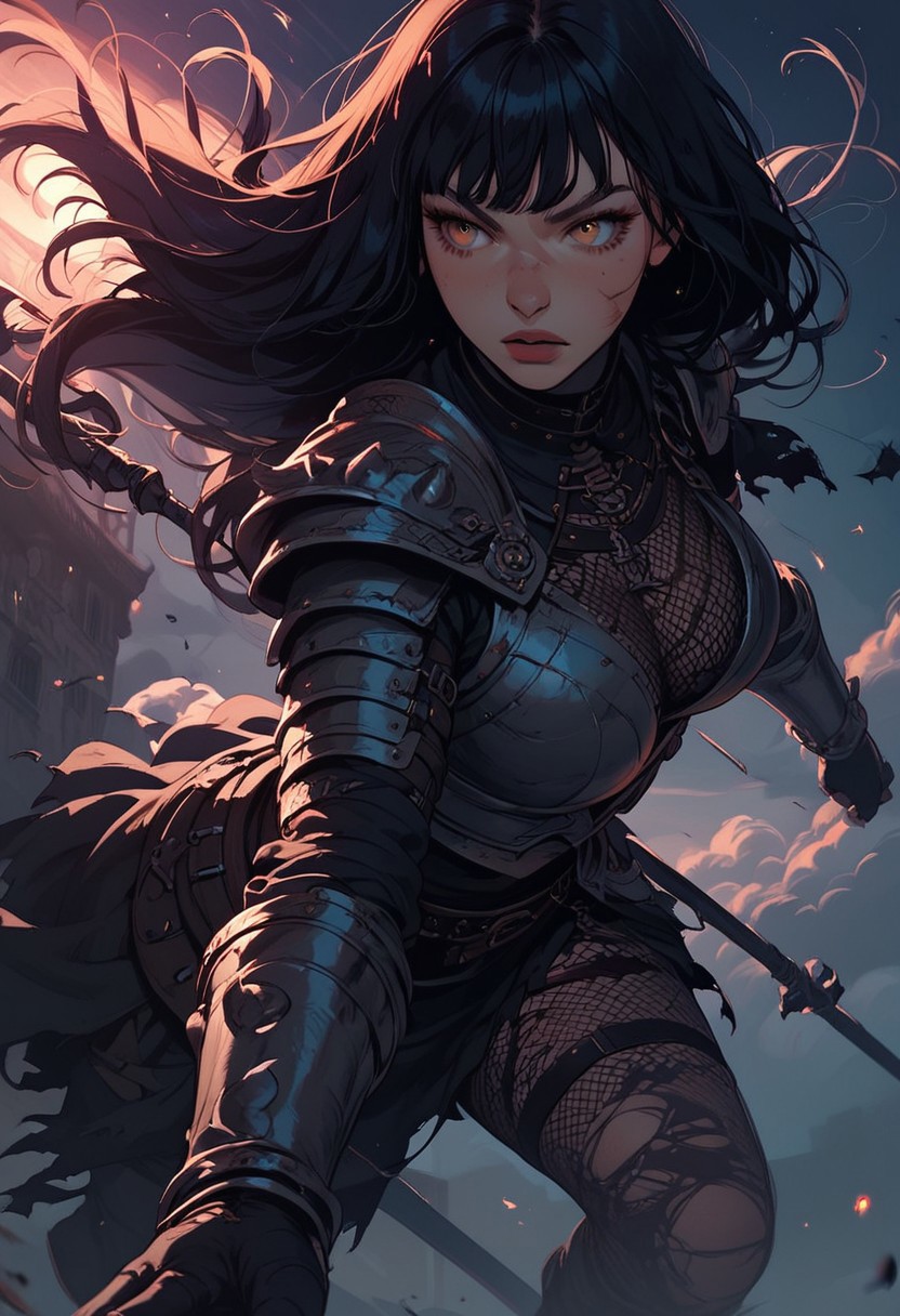 Score_9, Score8_up, Score_7_up, (((High Resolution, Best Quality))), 
1girl, beautiful, breasts, battle scarred, damaged armor, fishnets under armor, bangs, long hair, plated armour, holding staff, battle stance, dynamic angle, ancient fantasy city, battle-ready stance, dynamic pose, at night, moonlight, riding a nimbus cloud, nimbus, wukong theme, directional lighting, viewed from above,