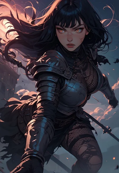Score_9, Score8_up, Score_7_up, (((High Resolution, Best Quality))), 
1girl, beautiful, breasts, battle scarred, damaged armor, fishnets under armor, bangs, long hair, plated armour, holding staff, battle stance, dynamic angle, ancient fantasy city, battle-ready stance, dynamic pose, at night, moonlight, riding a nimbus cloud, nimbus, wukong theme, directional lighting, viewed from above,