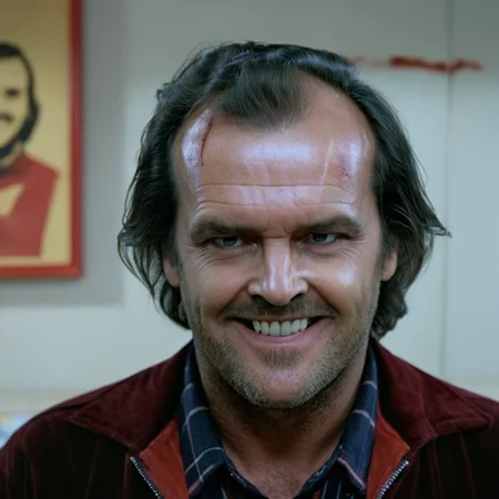 UHD, 4k, ultra detailed, cinematic, a photograph of  <lora:perfection style:0.5> <lora:detailed:0.5> perfection detailed
 <lora:The Shining film style:0.9>
 <lora:1980's style:0.4>
Jack Torrance In the 1980's in the Colorado Rocky Mountains a painting of a crazy smiling man with a flying hair with his face reflection shining on a bloody knife on a table,solo,smile,black hair,1boy,male focus,teeth,grin,blood,facial hair,realistic,stubble,horror (theme) , cinematic, film, kodak, The Shining film style, epic, beautiful lighting, inpsiring