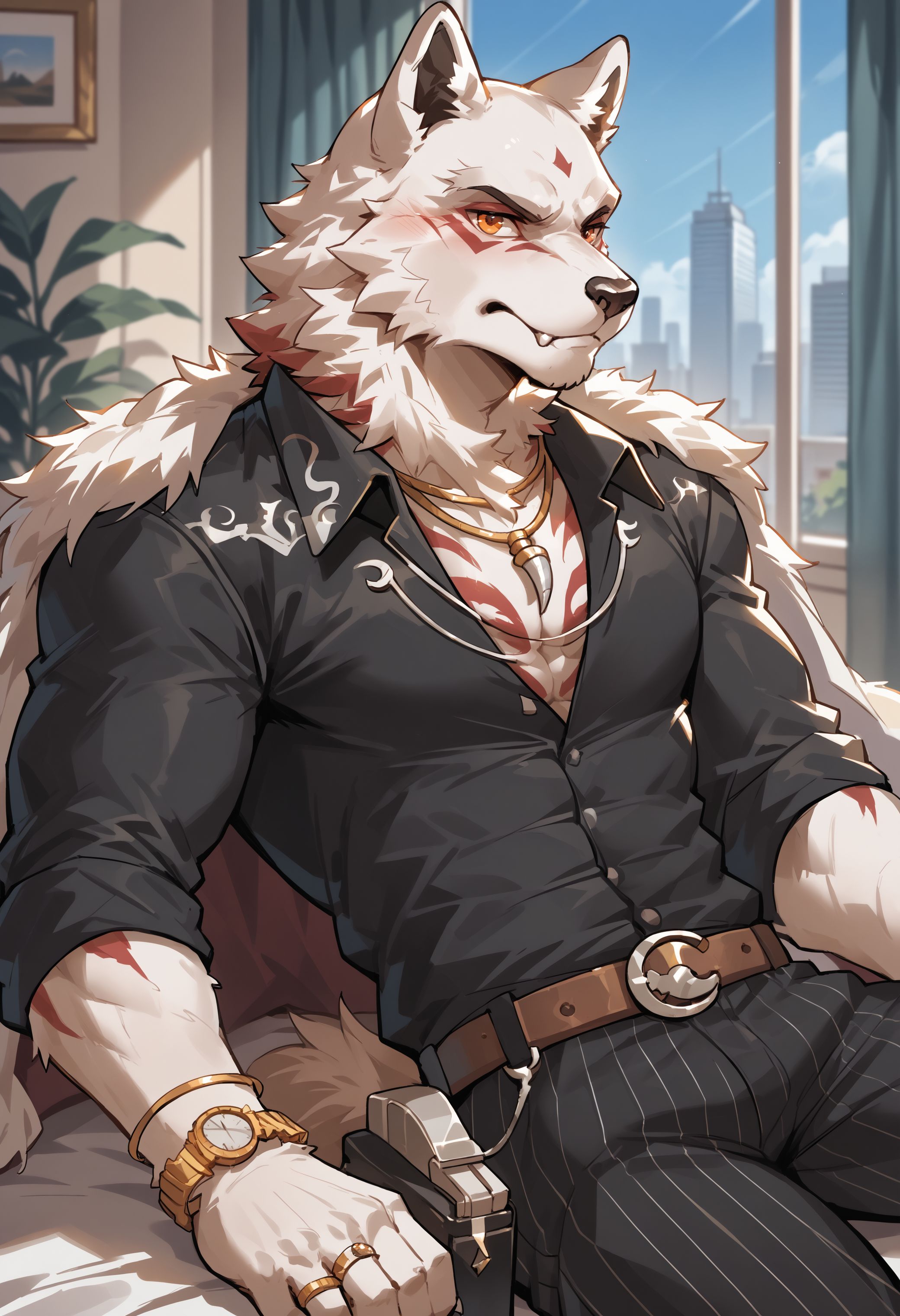 score_9, score_8_up, score_7_up, score_6_up, high res, best quality, f1etcher_k4ne, 1boy, male focus, solo, furry, furry male, orange eyes, jewelry, pectorals, wristwatch, brown belt, lying, curtains, holster, furry male, tail, pinstripe pattern, necklace, building, belt, white fur, <lora:Fletcher_Kane_Fortnite:1>