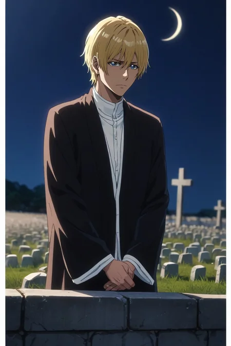 score_9, score_8_up, score_7_up, , , rating_safe, intricate details, , depth of field, 1boy, armin arlert, shingeki no kyojin, blonde hair, blue eyes, solo, focused, cemetery, night, crescent moon, own hands together, expressionless, <lora:bleach_tybw_style_pony:0.86>, bleach_tybw_style, , <lora:sdxl_lightning_8step_lora:1>