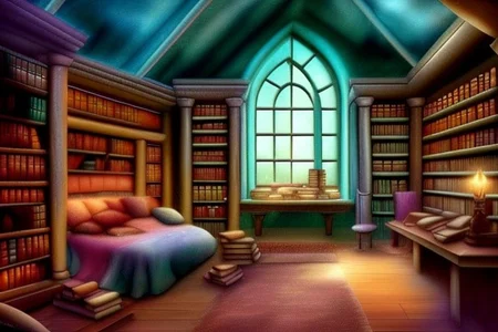 a fantasy bedroom that is also the owner's personal library with books everywhere
FanStu