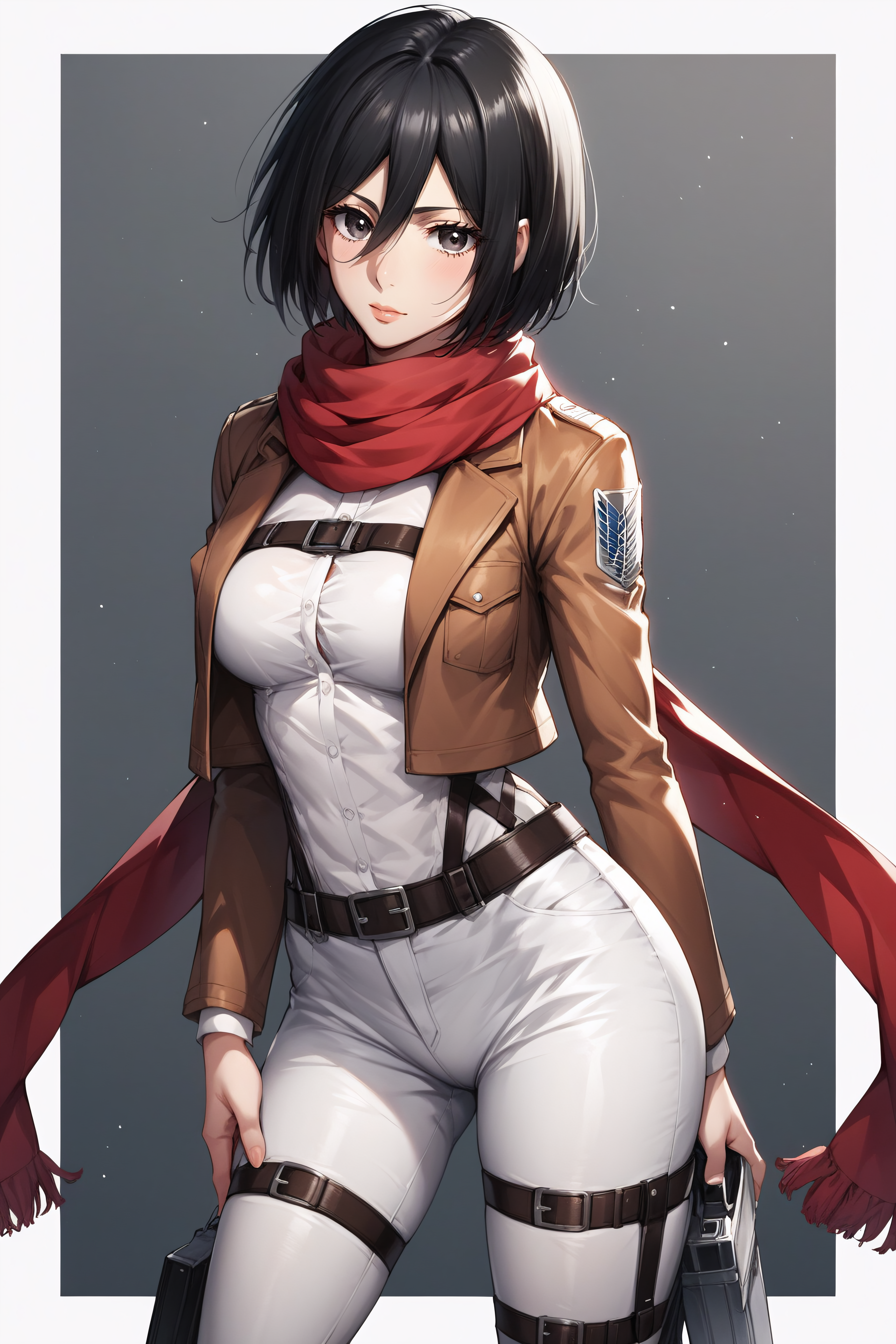 score_9, score_8_up, score_7_up, score_6_up, score_5_up, score_4_up, BREAK source_anime, <lora:mikasa ackerman-PonyXL:0.8> mikasa ackerman, black eyes, black hair, short hair, white shirt, thigh strap, open cropped brown jacket, red scarf, white pants, survey corps \(emblem\), boots, standing,